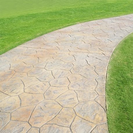 A stamped concrete walkway